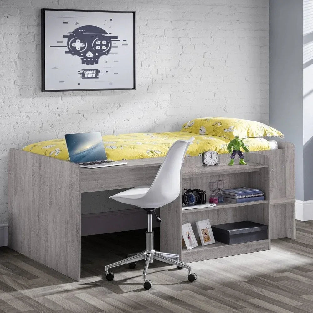 Grey wooden mid sleeper bed with built-in shelves, desk chair, and yellow bedding set