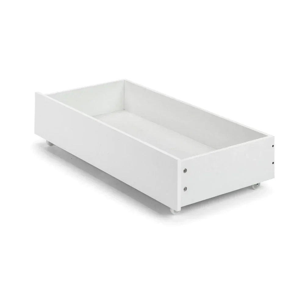 White wooden underbed storage drawer with wheels on white background