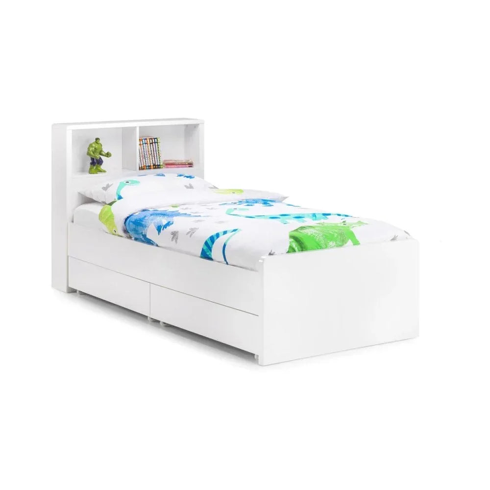 White single bed with storage drawers and bookshelf headboard, dinosaur bedding