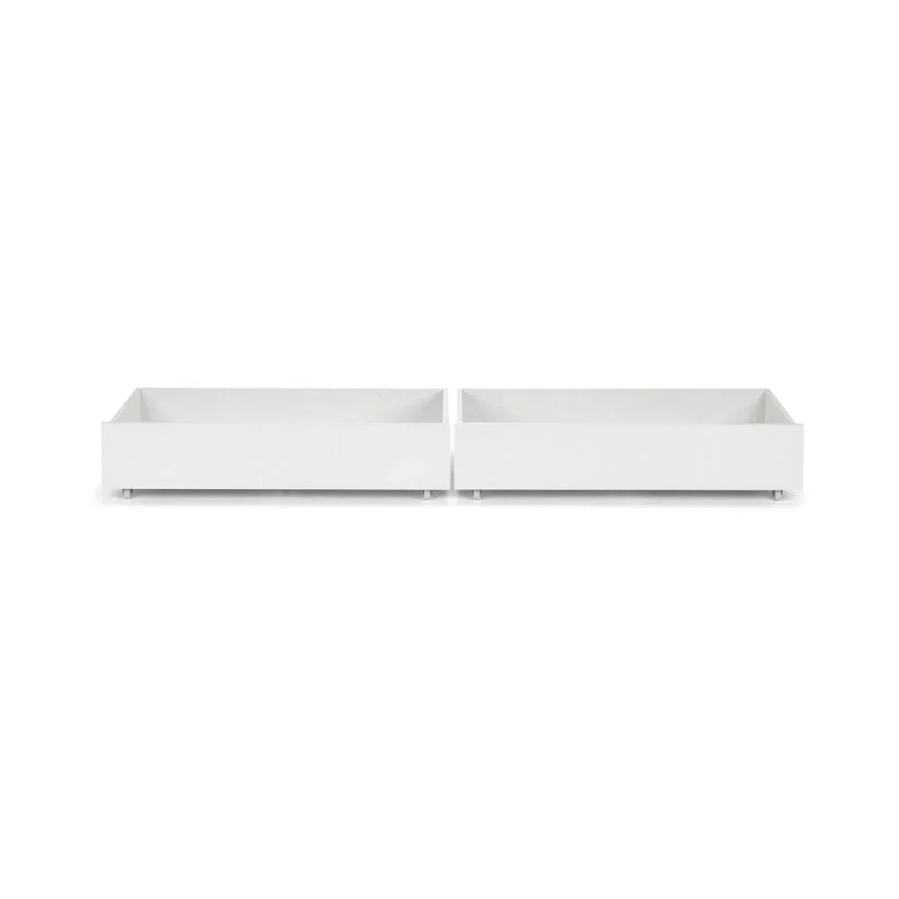 Pair of white wooden underbed storage drawers on castors
