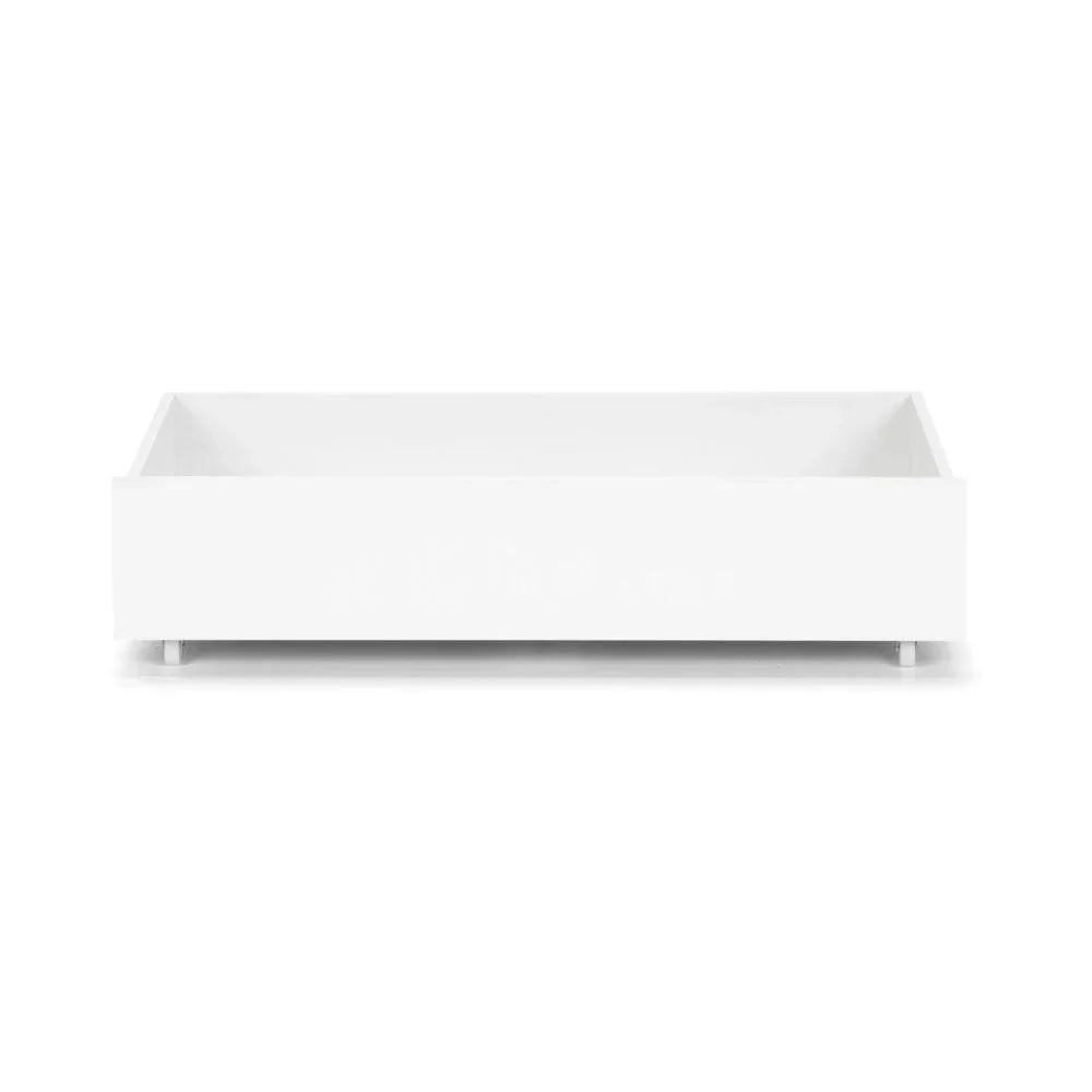 White underbed storage drawer with wheels, front view, ideal for bedroom organization