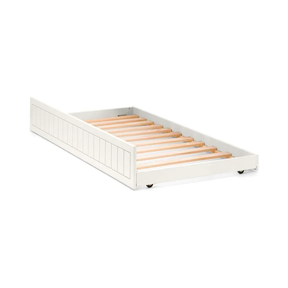 White wooden trundle bed frame with slatted base and wheels, angled side view