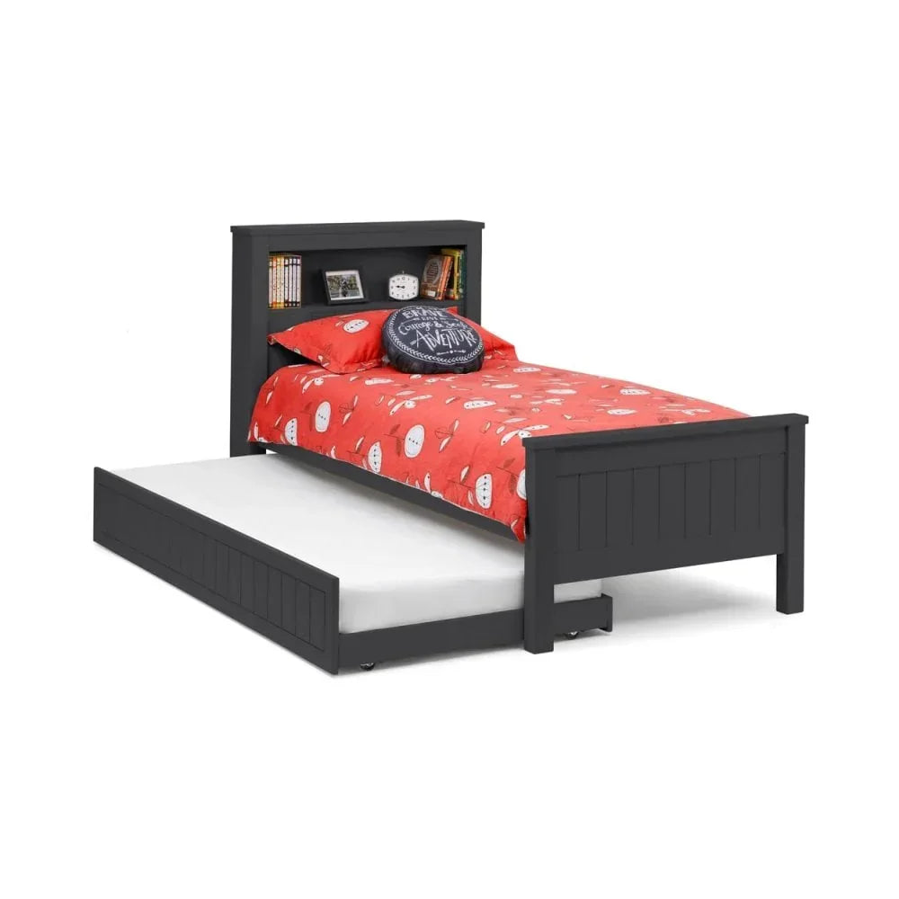 Single black wooden bed with headboard storage and pull-out trundle bed underneath