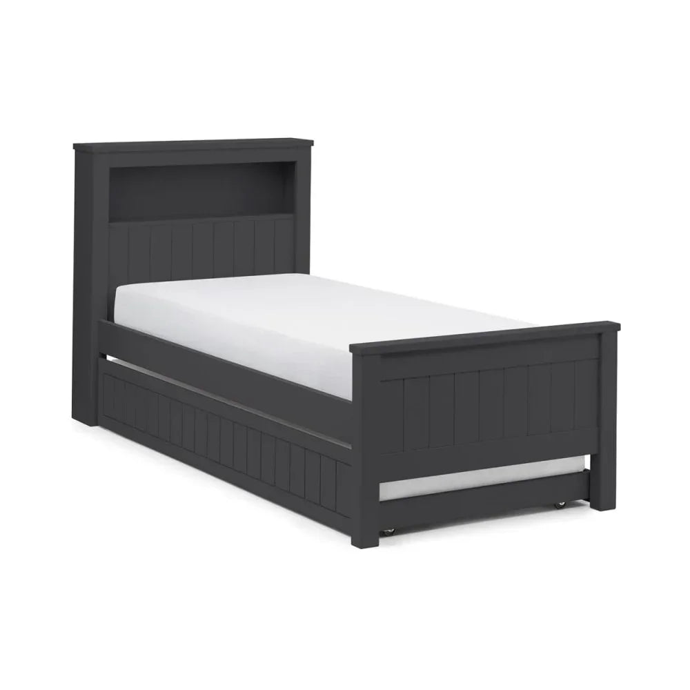 Black wooden single bed frame with storage trundle and headboard shelf