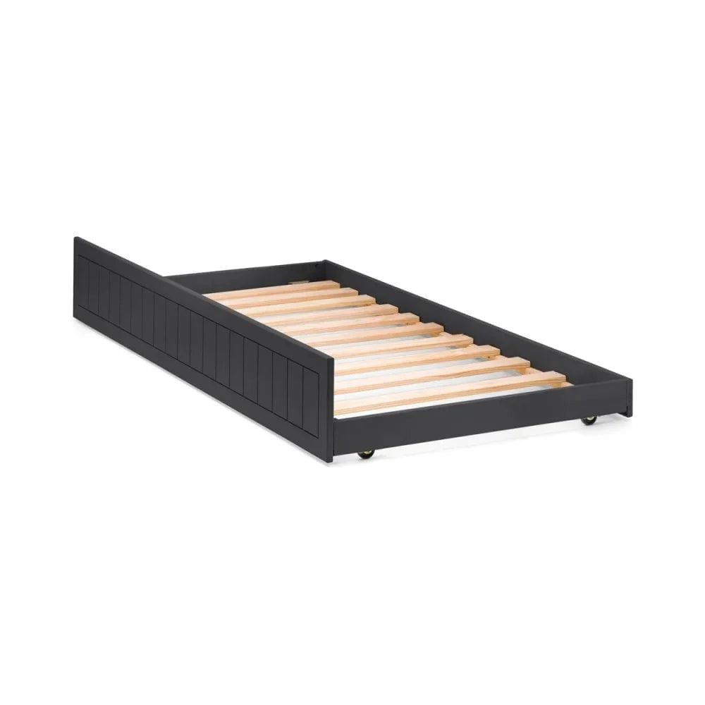 Black wooden trundle bed frame with slatted base and castor wheels