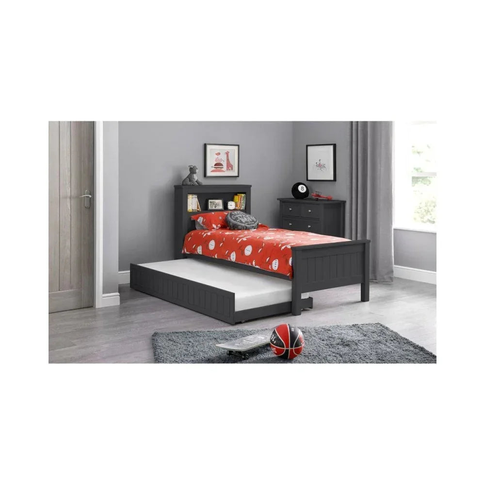 Grey wooden trundle bed with bookcase headboard in modern kids bedroom
