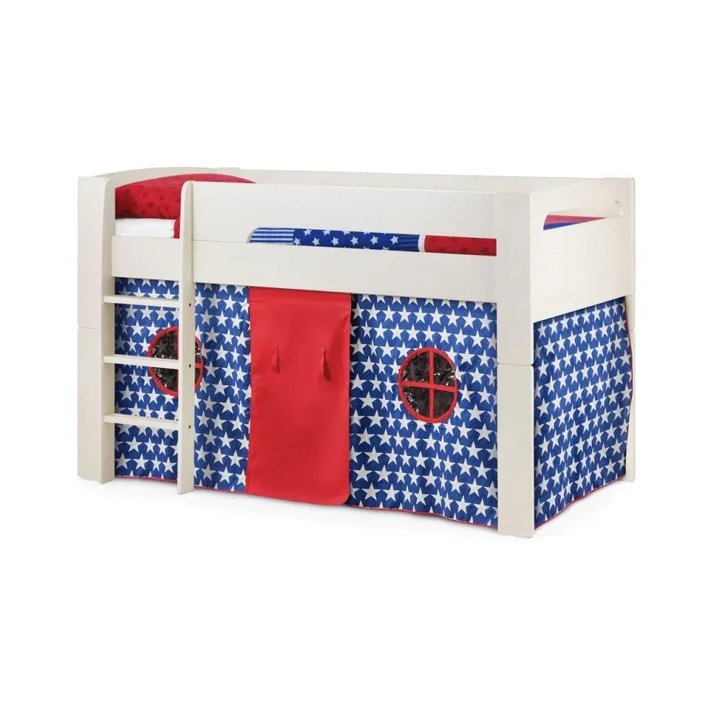 White kids mid sleeper bed with blue star tent, ladder, and red play curtain