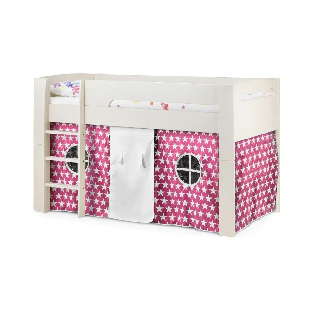 Kids mid sleeper bed with ladder and pink star play tent underneath
