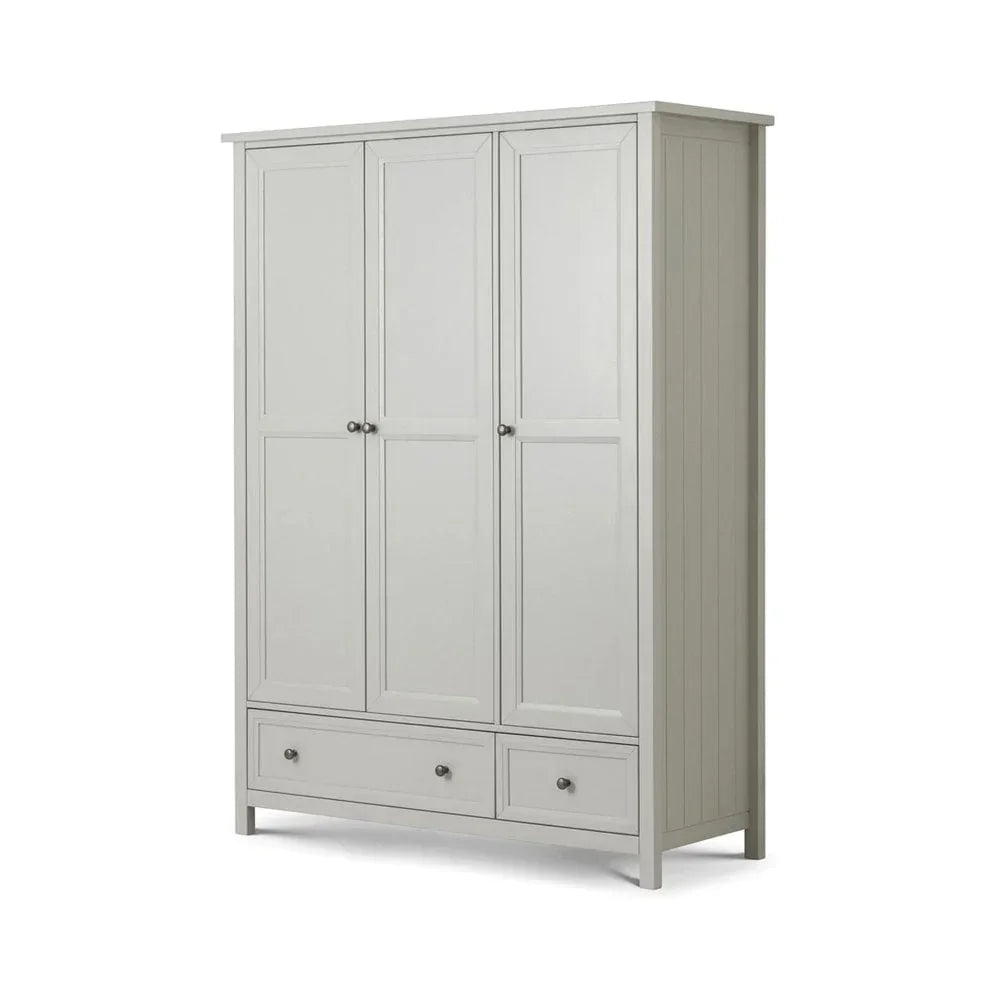 Grey wooden wardrobe with three doors and two bottom drawers, front angle view