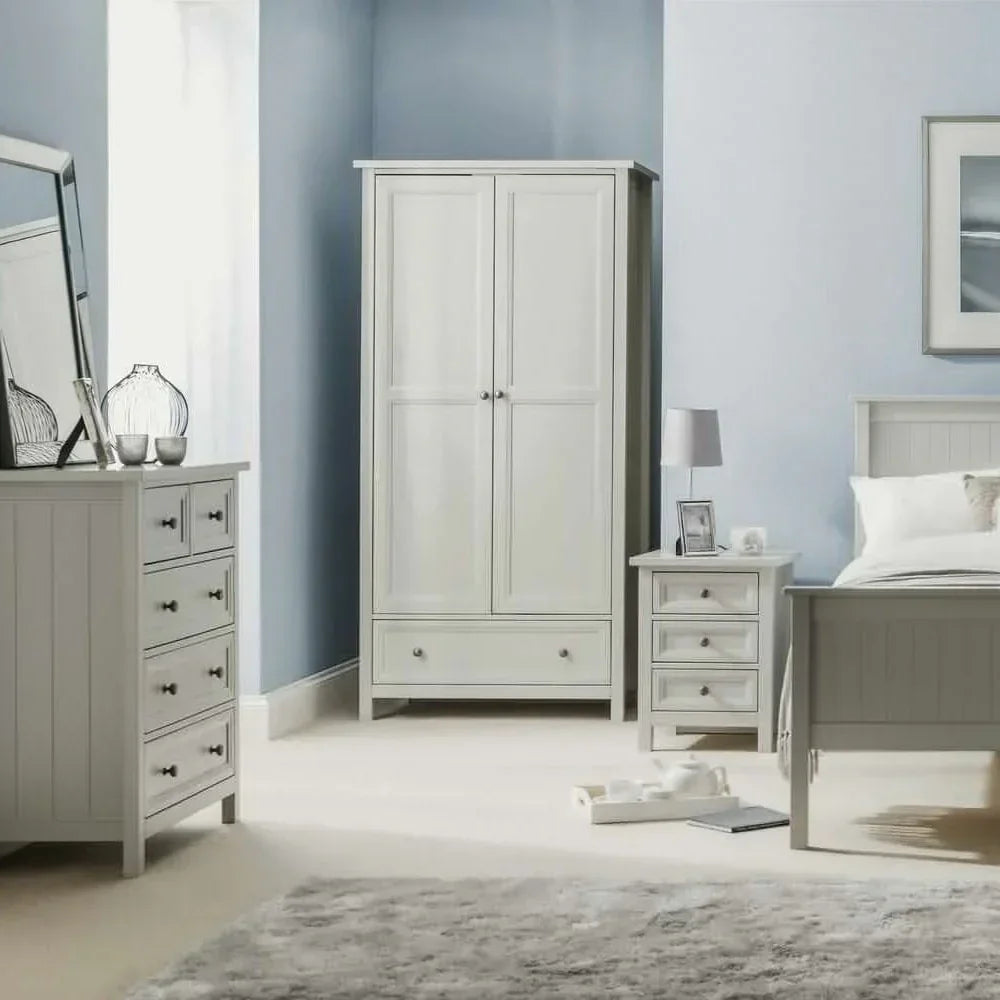 White bedroom furniture set with wardrobe, chest of drawers, bed and bedside table