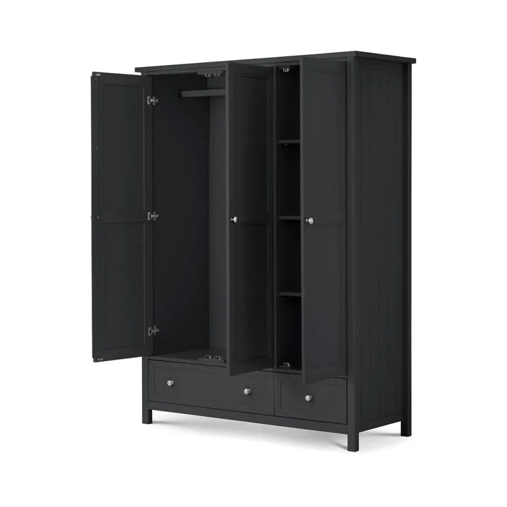 Black wooden wardrobe with open doors, hanging rail, shelving and two bottom drawers