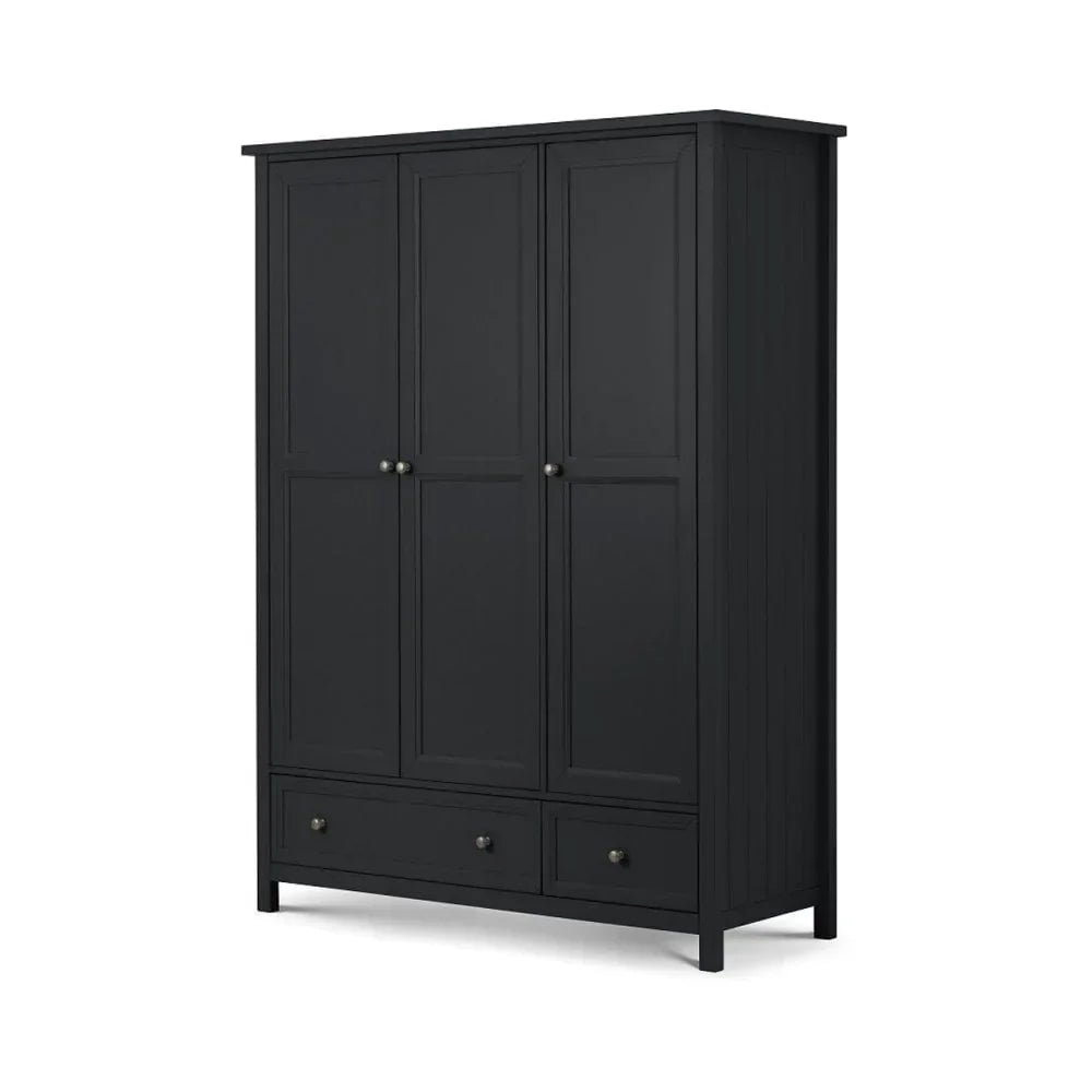 Black wooden wardrobe with three doors and two drawers, shown from a front angle
