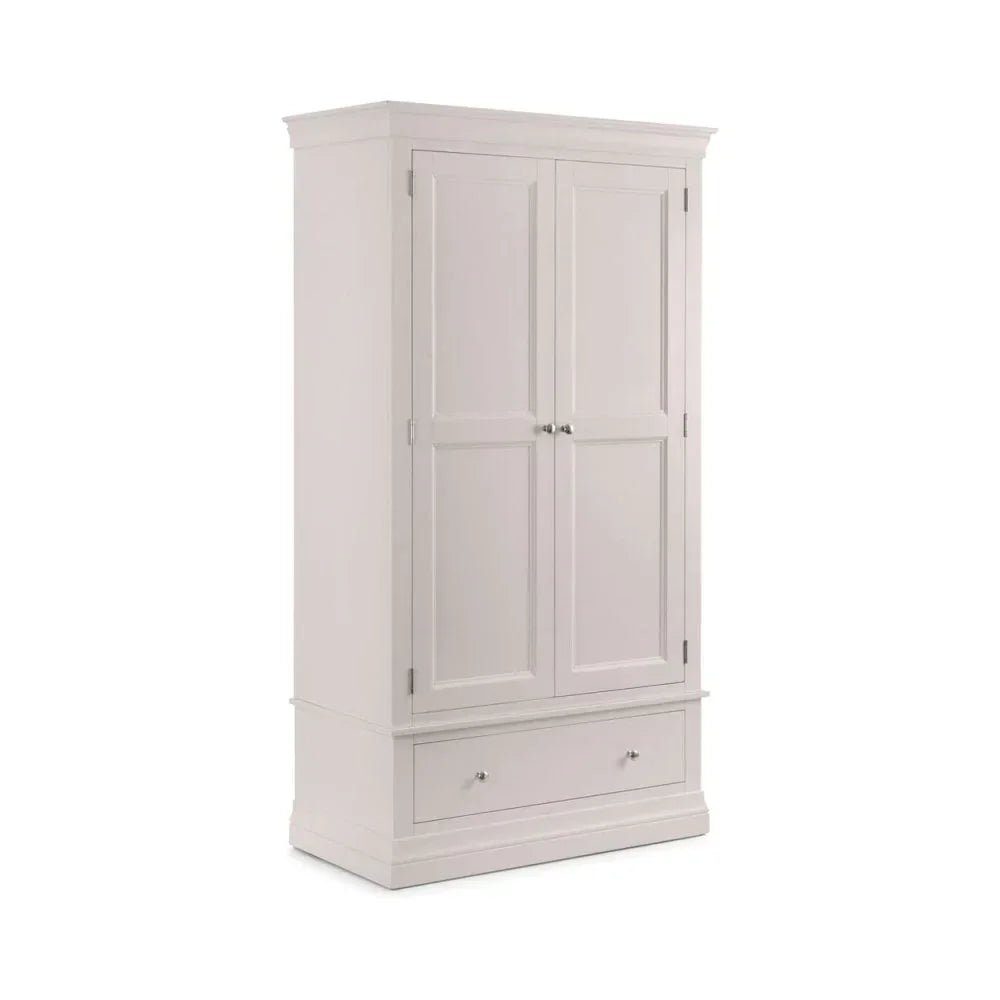 White wooden wardrobe with paneled doors and single bottom drawer, shown at an angle