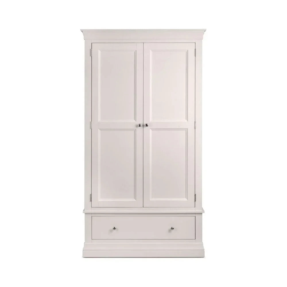 White wooden wardrobe with two paneled doors and one bottom drawer, front view