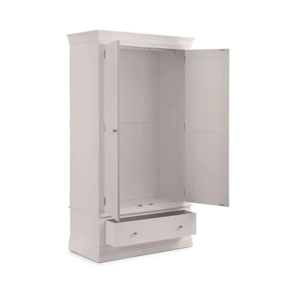 White wardrobe with open double doors and a single bottom drawer, shown empty