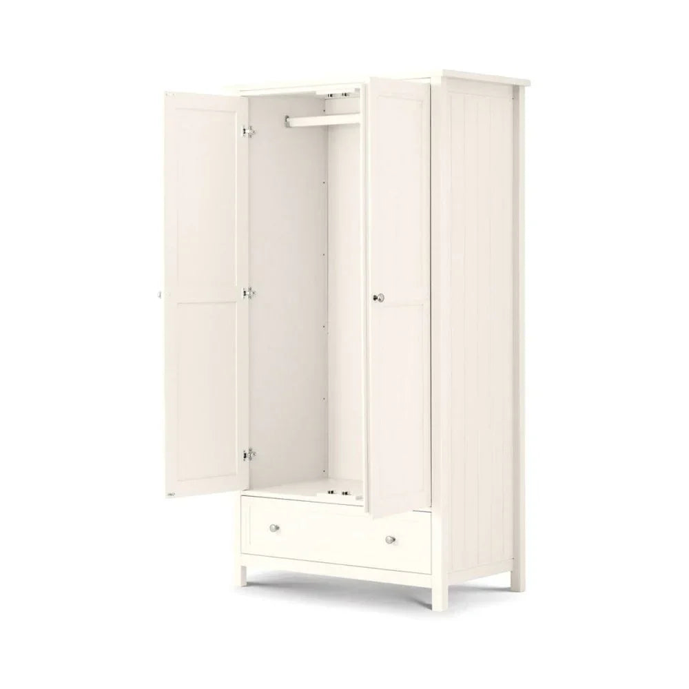 White wooden wardrobe with two open doors, hanging rail, and bottom drawer
