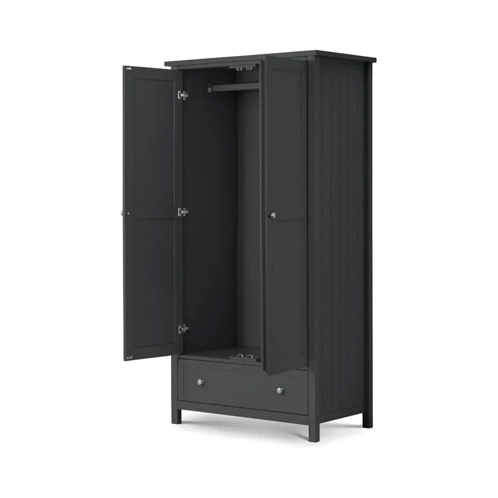 Dark grey wardrobe with two open doors, hanging rail, and lower storage drawer