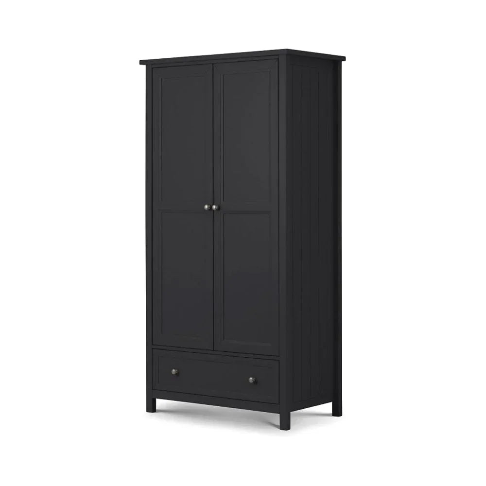 Black wardrobe with two paneled doors and a bottom drawer, angled front view