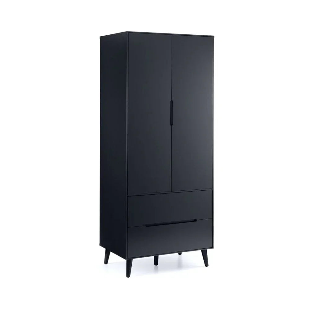 Black wardrobe with double doors and two drawers on angled legs
