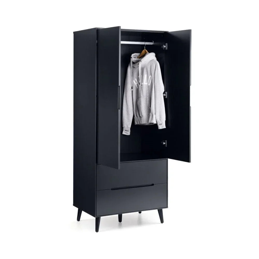 Black wardrobe with open doors, hanging rail, drawers and hoodie on hanger