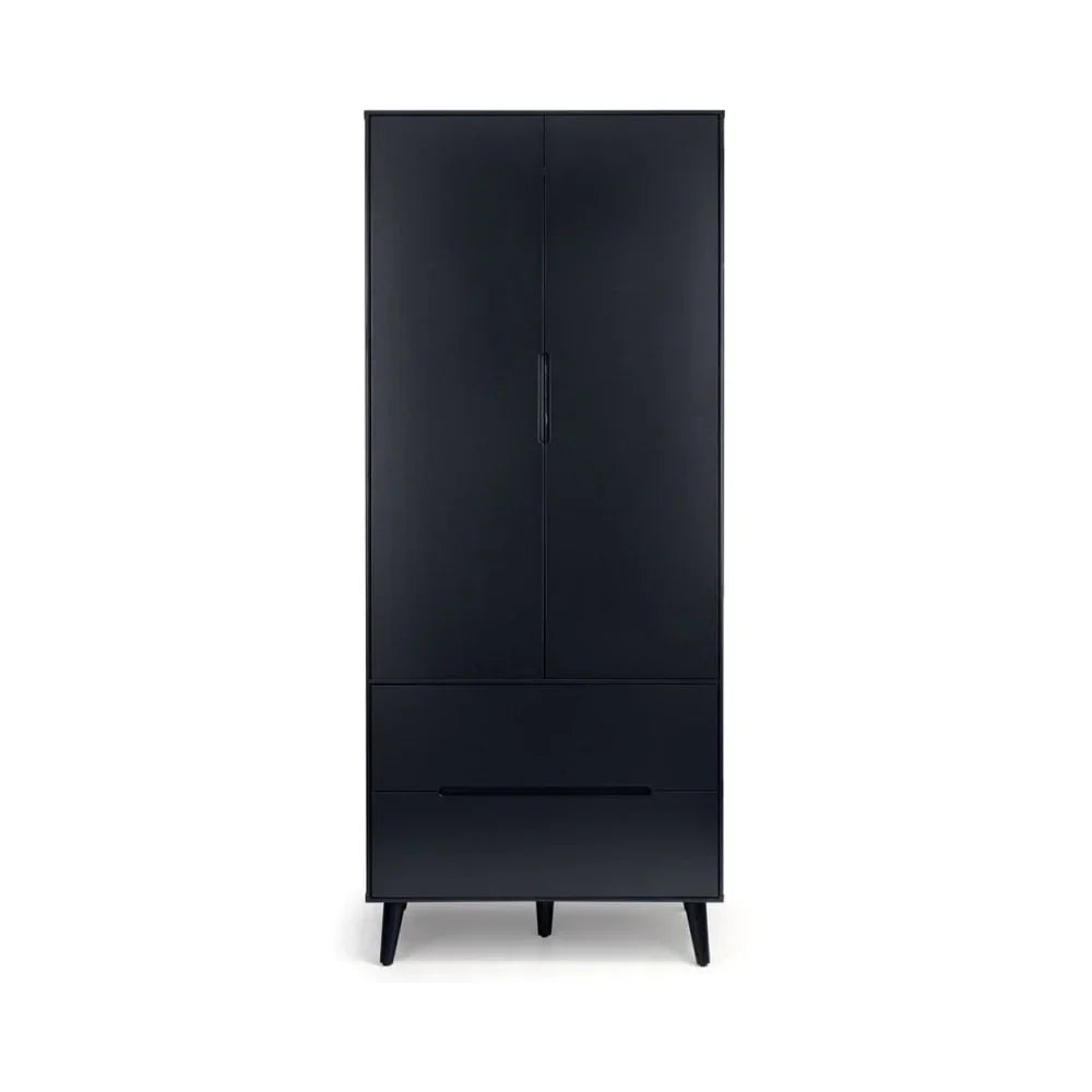 Black wardrobe with two doors and two drawers, slim legs, modern design, front view