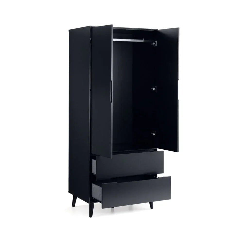 Black wardrobe with open doors, two drawers and hanging rail, front angle view