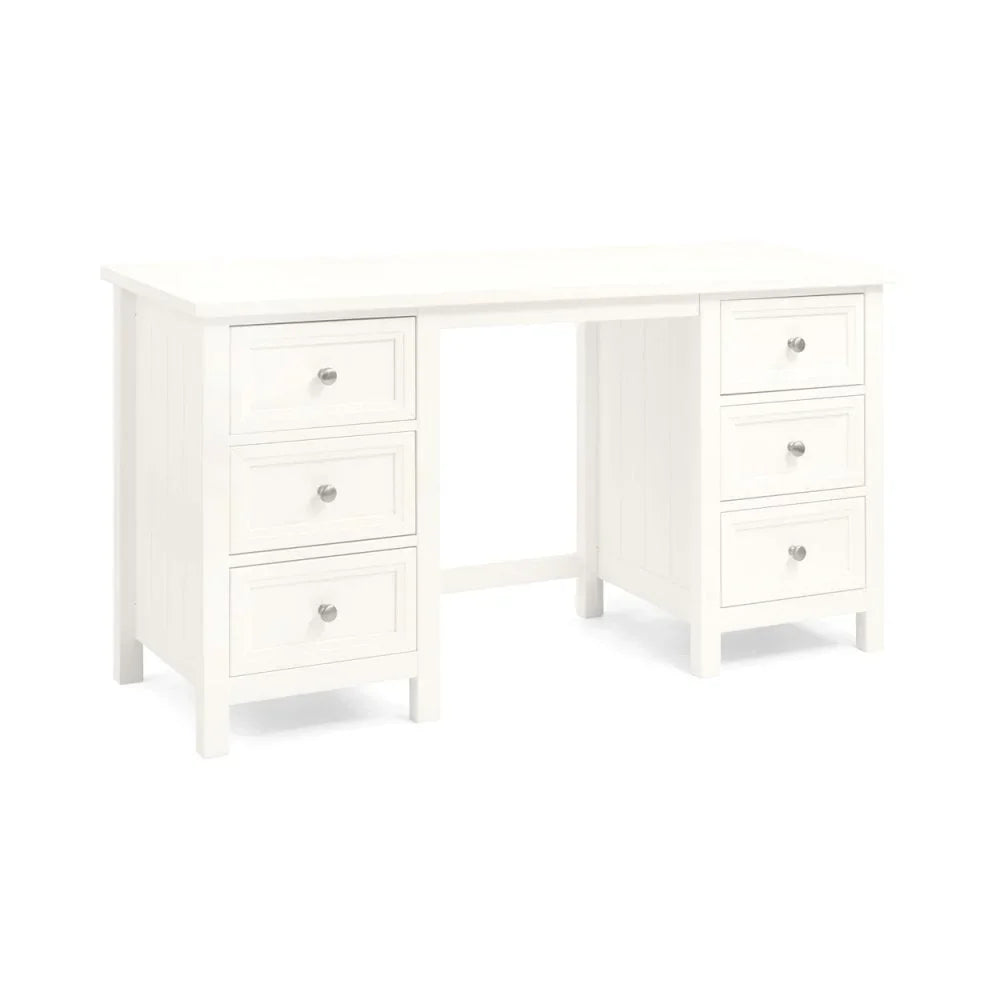 White wooden desk with six drawers and silver handles, front angle view