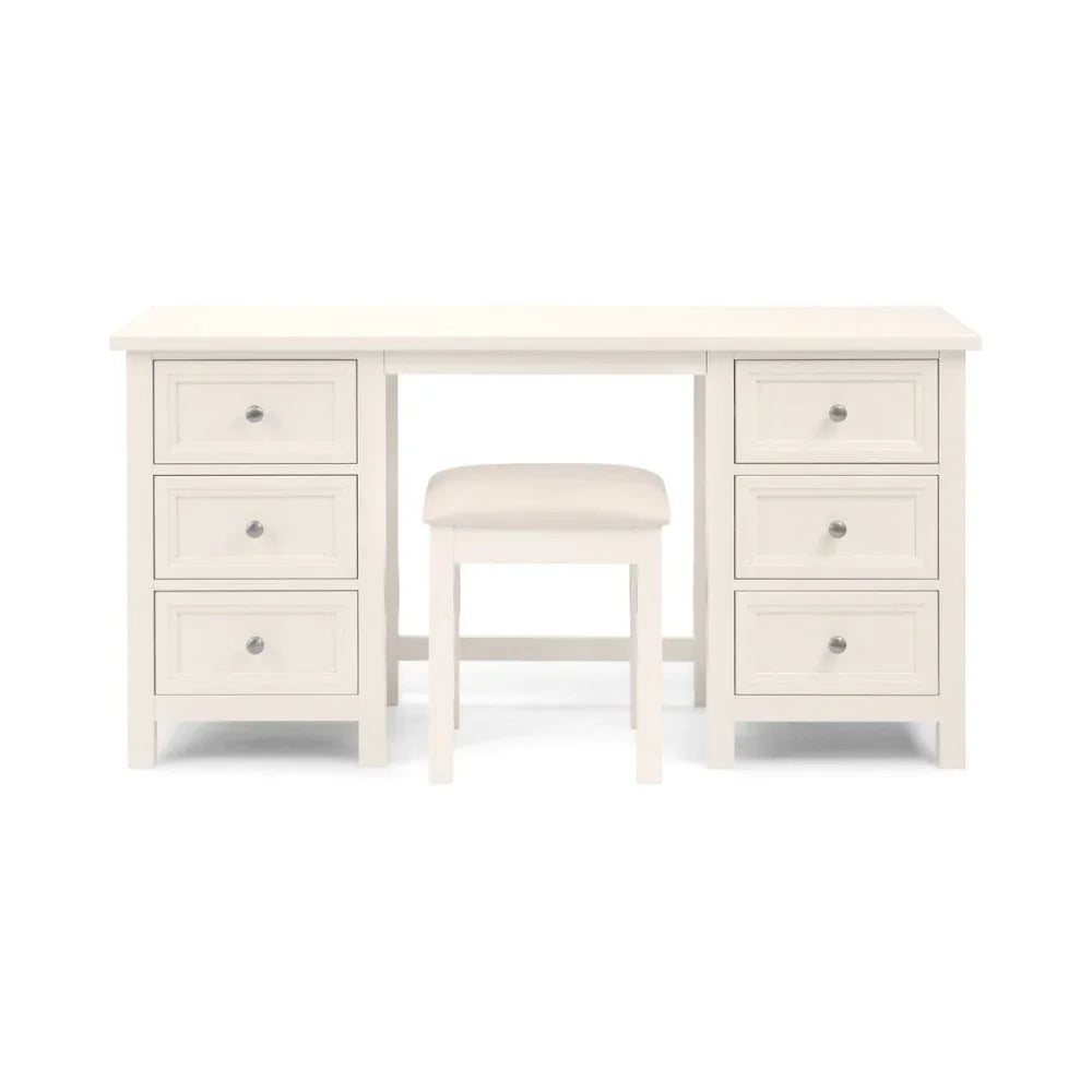 White dressing table with six drawers and matching cushioned stool, front view