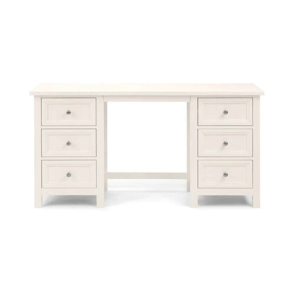 White wooden desk with six drawers and silver handles, front view