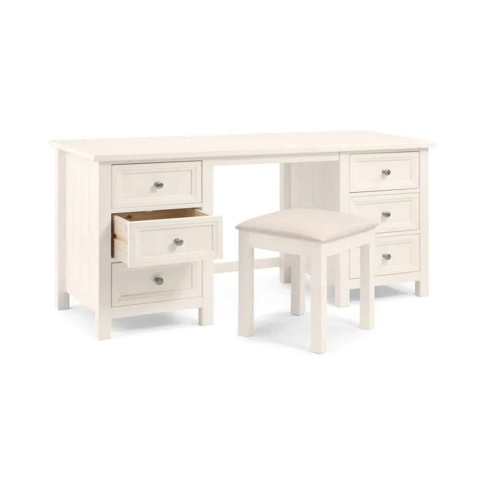 White wooden dressing table with six drawers and matching padded stool