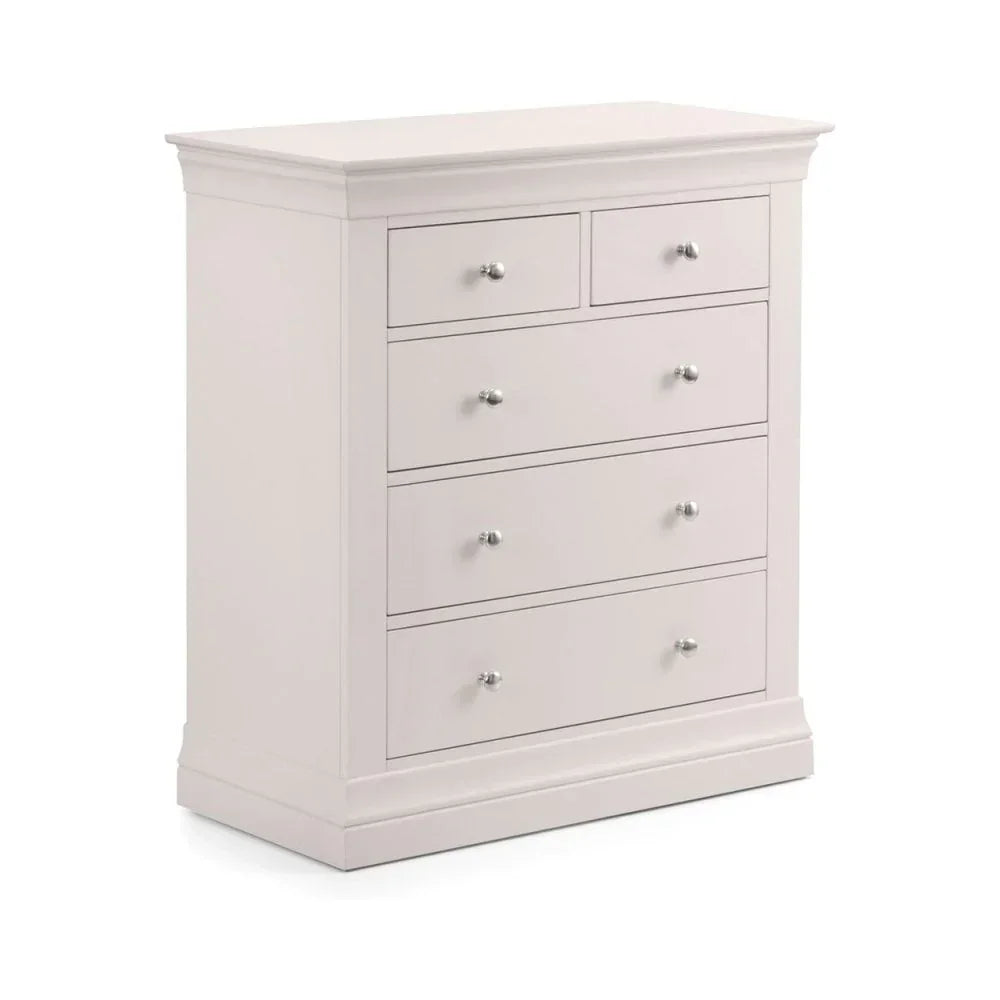 White chest of drawers with five drawers and silver handles, side view