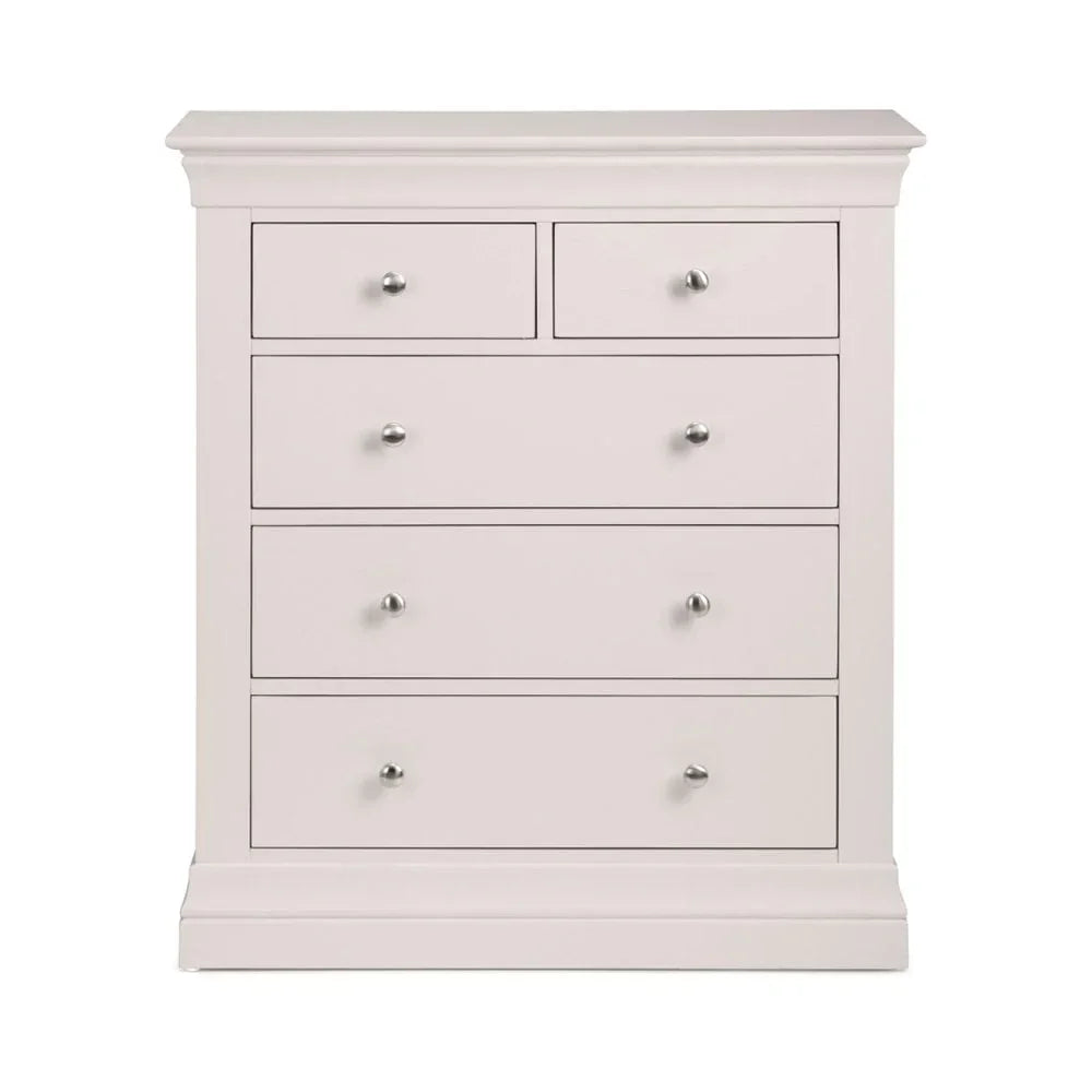 White wooden chest of drawers with five drawers and silver handles, front view