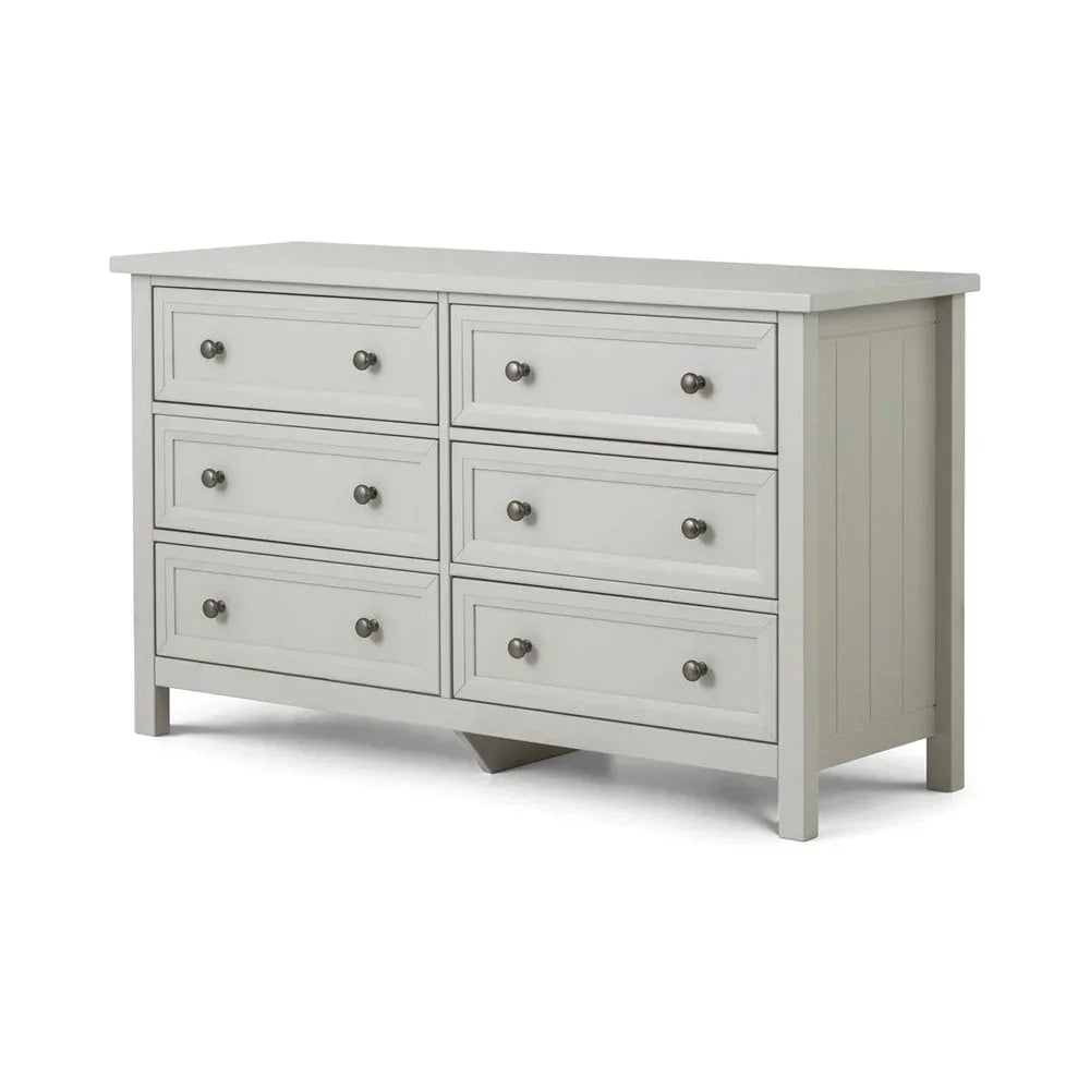 Grey wooden chest of drawers with six metal handles and shaker style panel detail
