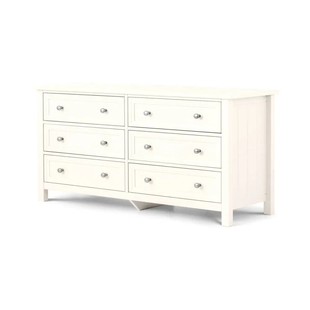 White wooden chest of drawers with six drawers and metal knobs, front angled view