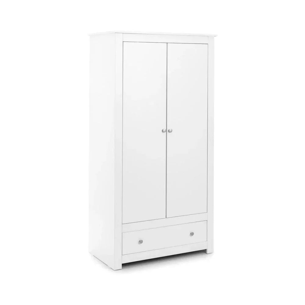 White wardrobe with double doors and single bottom drawer, silver handles, front view
