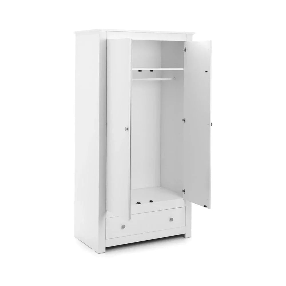 White wardrobe with open doors, internal shelf, hanging rail and lower drawer