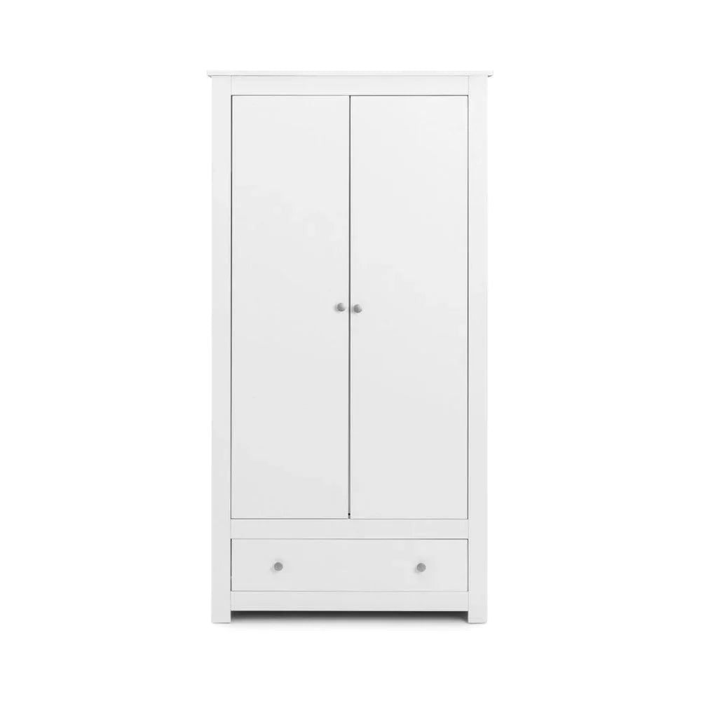 White two door wardrobe with lower storage drawer and silver knobs front view