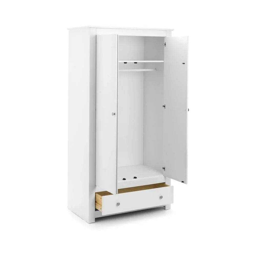 White wooden wardrobe with open double doors, internal hanging rail, shelf, and lower drawer
