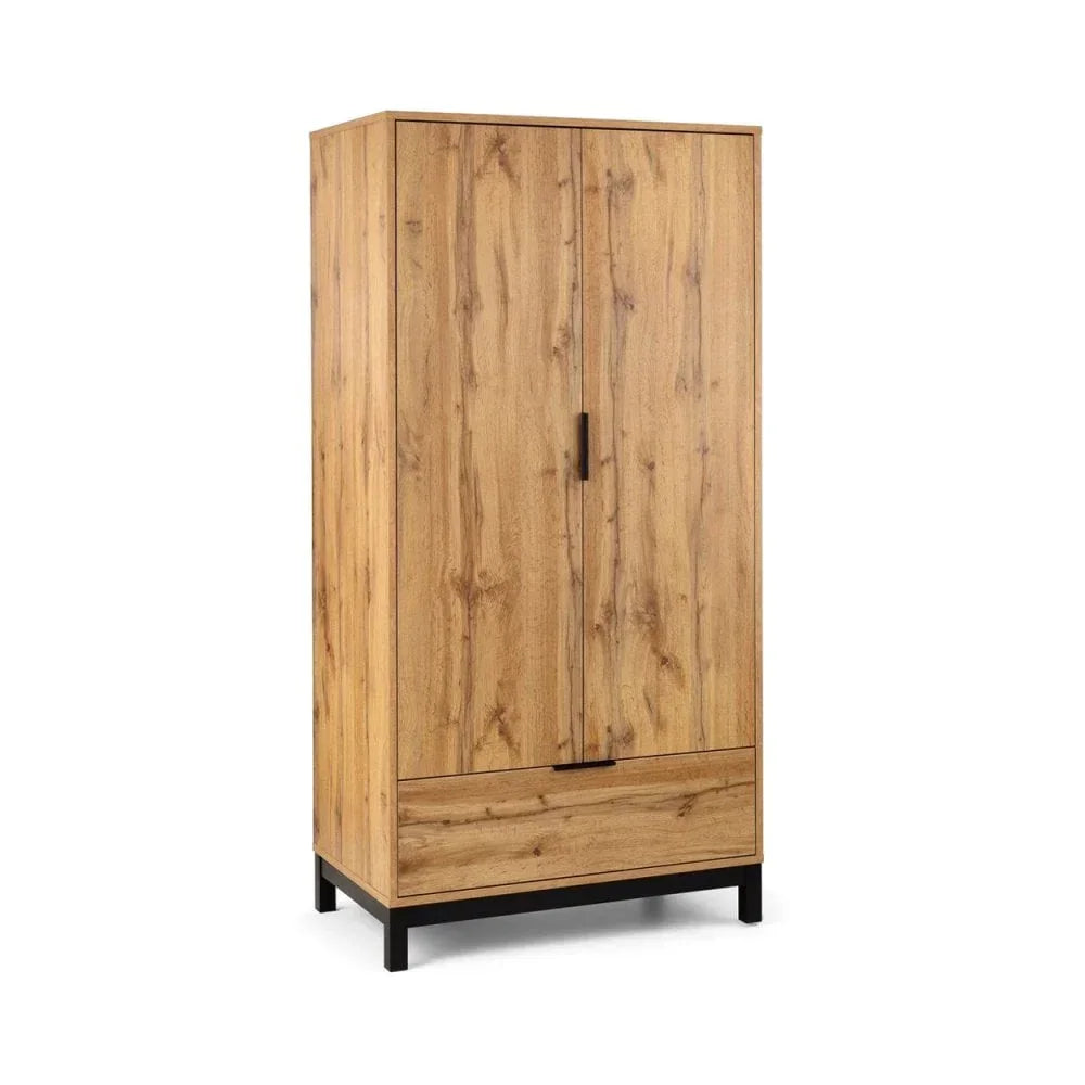 Oak wardrobe with two doors, drawer and black metal legs, front angled view