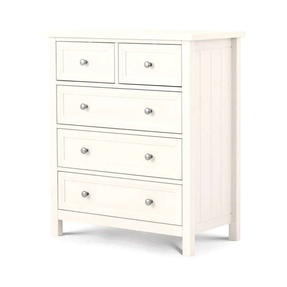 White wooden chest of drawers with metal knobs and panelled sides