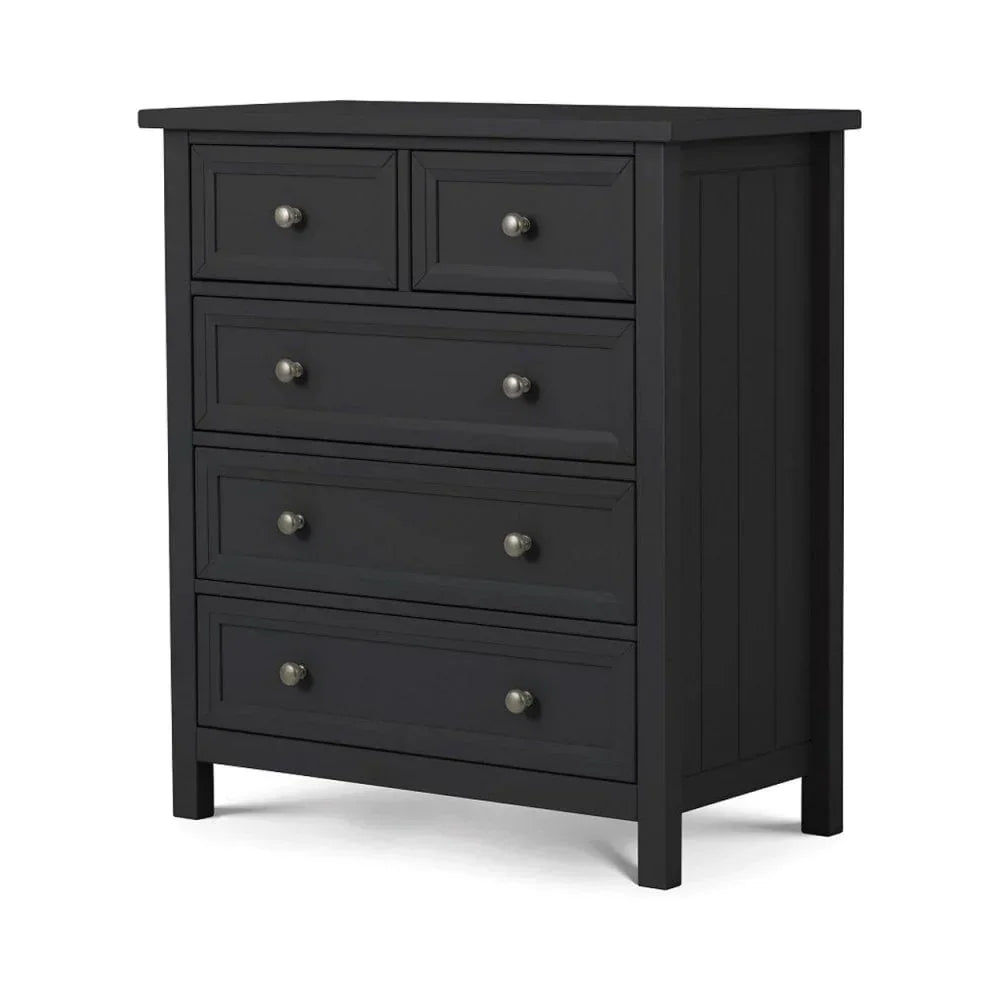 Black wooden chest of drawers with five drawers and round metal knobs, angled view