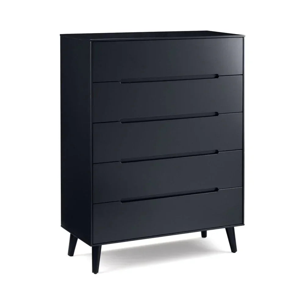 Black chest of drawers with five spacious drawers and angled legs on white background