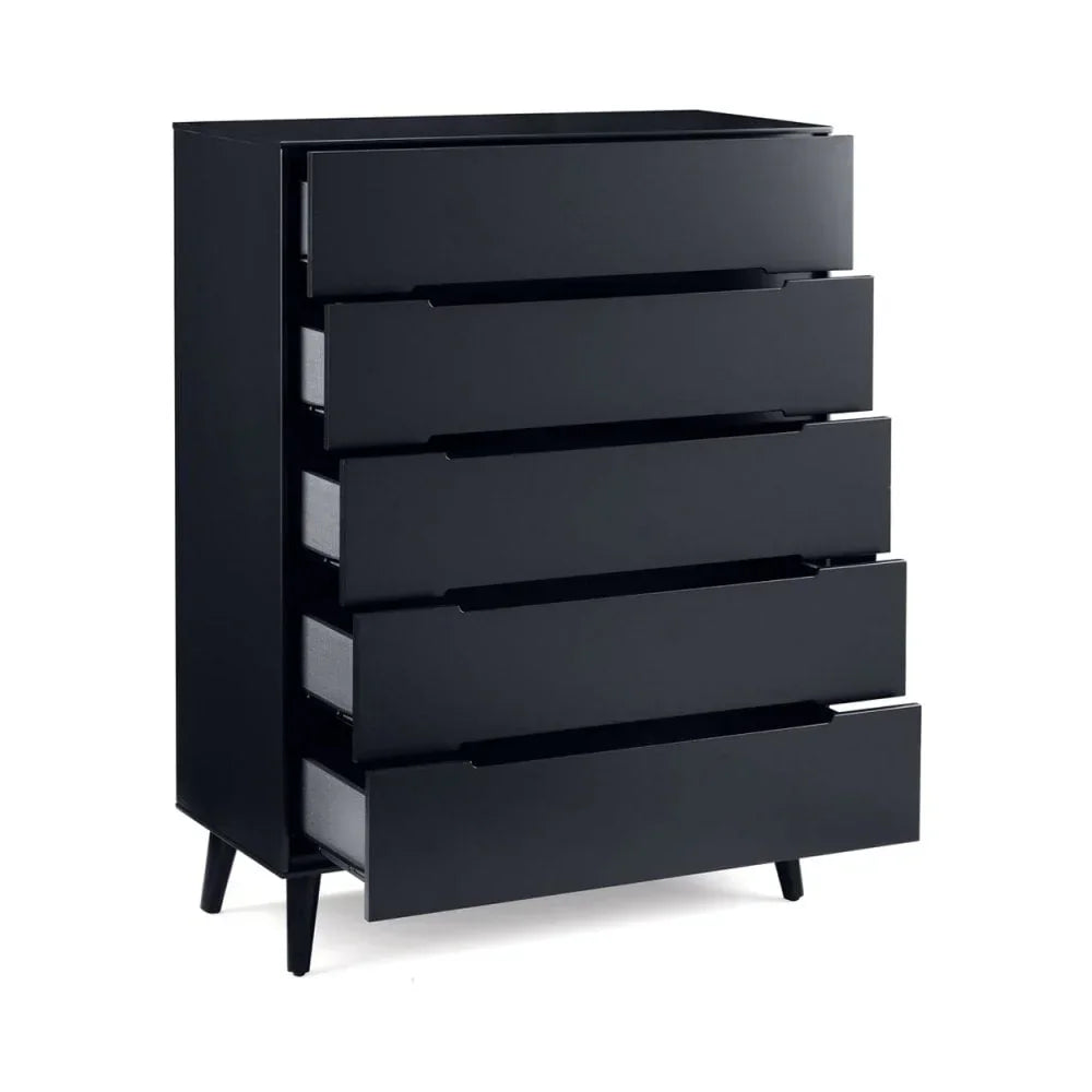 black chest of drawers with five open drawers and angled legs
