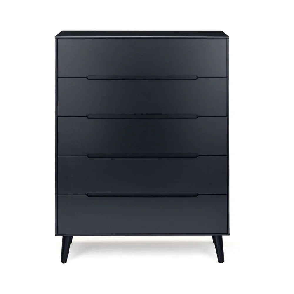 Black chest of drawers with four spacious drawers and angled legs, front view