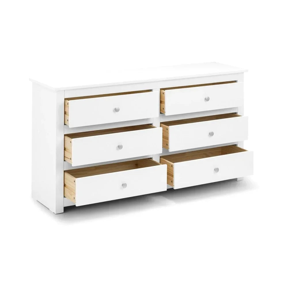 White six drawer chest of drawers with open storage, angled view on white background
