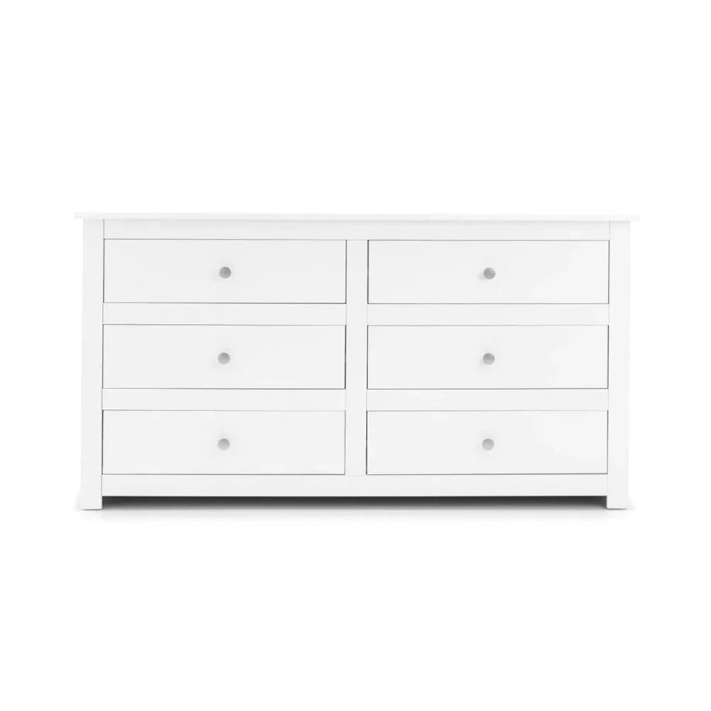 White wooden chest of drawers with six drawers and round handles, front view