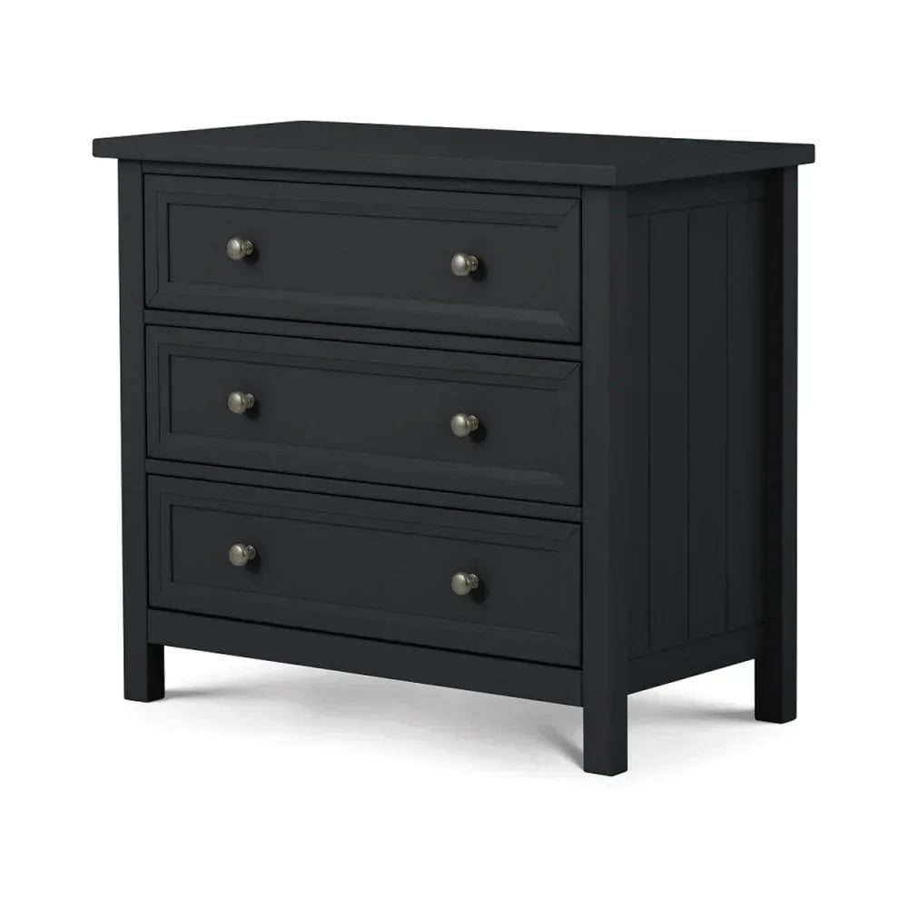 Black chest of drawers with three spacious drawers and round metal handles, side panel detail