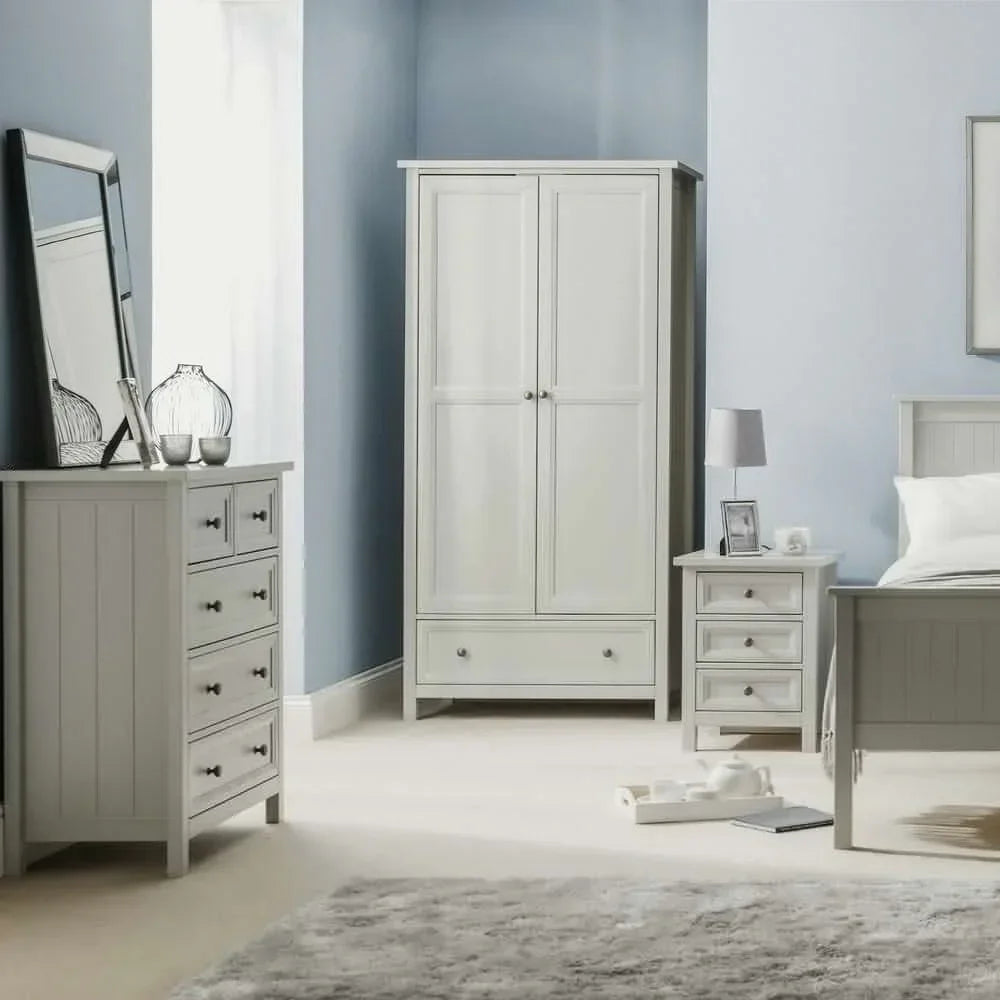Light grey bedroom furniture set with wardrobe, chest of drawers, bedside table and bed