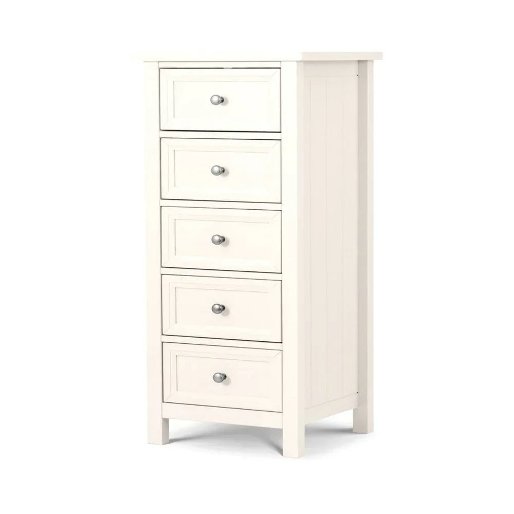 White narrow chest of drawers with five drawers and silver knobs