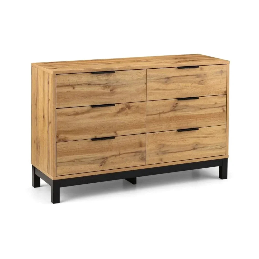 Six drawer oak chest with black handles and legs, modern bedroom furniture